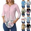 3/4 Length Sleeve Womens Tops Summer T-Shirts Floral Print V Neck Casual Basic Tee Button Shirts Tunic Tops