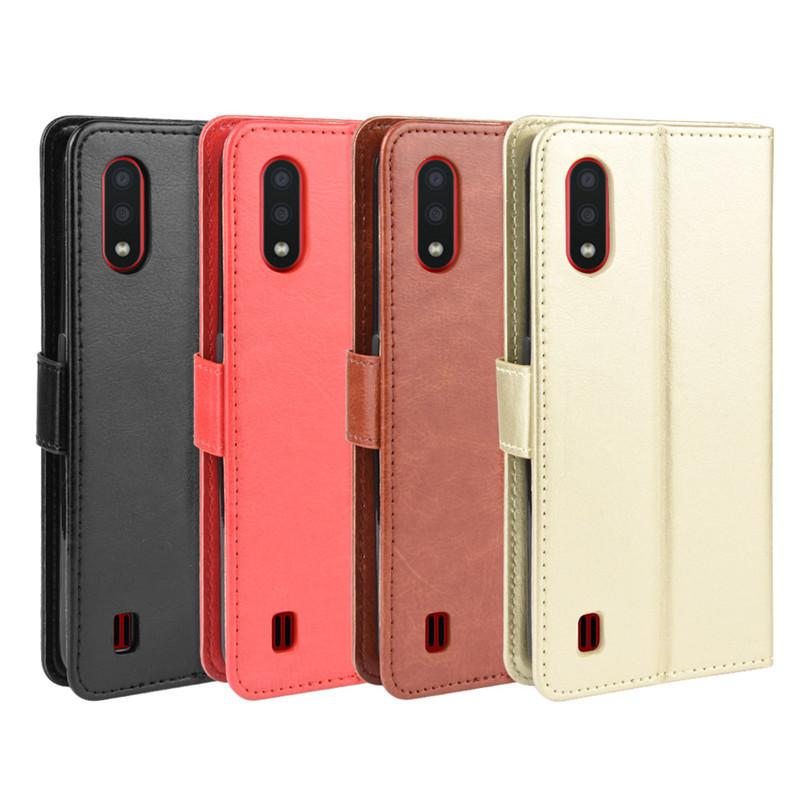 Suitable for Samsung Galaxy A01 phone case, A01 protective cover, crazy horse pattern leather case, flip cover with lanyard