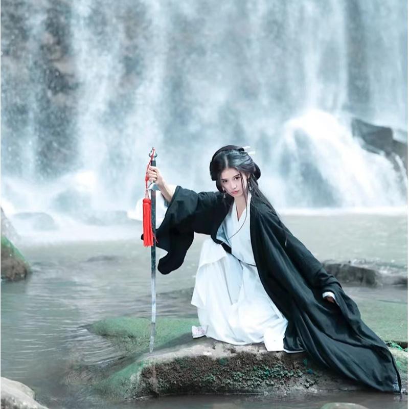 Черный китайский стиль династии Вэй Цзинь, женский костюм Hanfu, китайская одежда, сказочный повседневный костюм