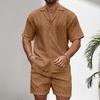 2Pcs/Set Men Summer Outfit Lapel Short Sleeve Buttons Placket Shirt Elastic Waist Shorts Set Solid Color Tracksuit