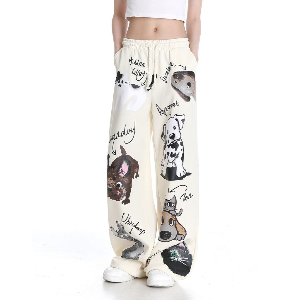 Loose Fitting Casual Pants Fashionable Cartoon Dog and Cat Graffiti Pattern Leggings
