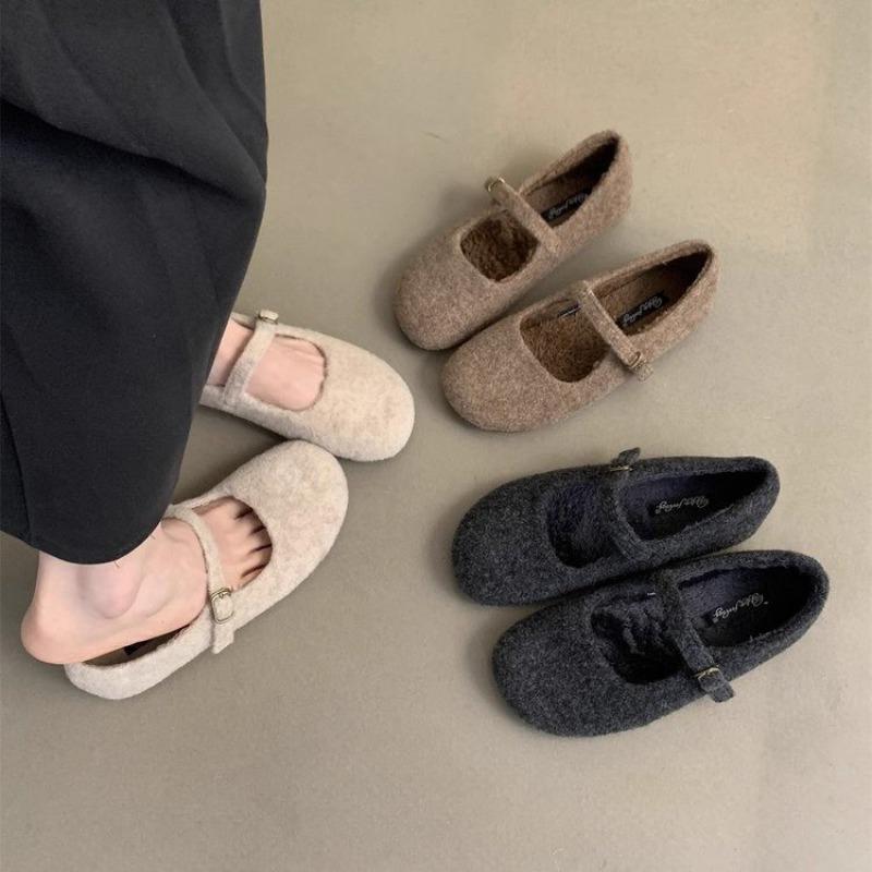 New Square Toe Fleece Ballet Flats Woman Winter Warm Wool Mary Jane Shoes Ladies Brand Design Elegant Plush Loafers