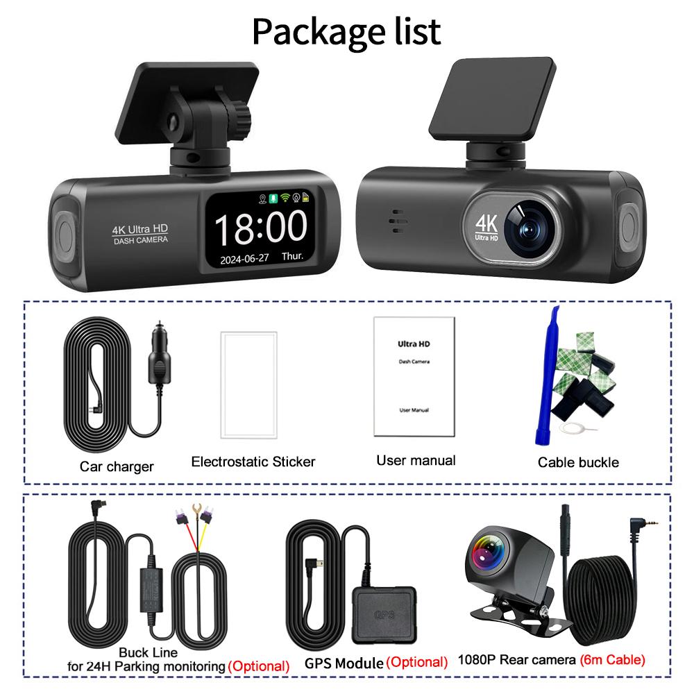 4K Ultra HD Dual Lens Auto Dash Recorder, Super Wide Angle Night Vision, Front Rear Recording with WiFi & Built-in GPS Module