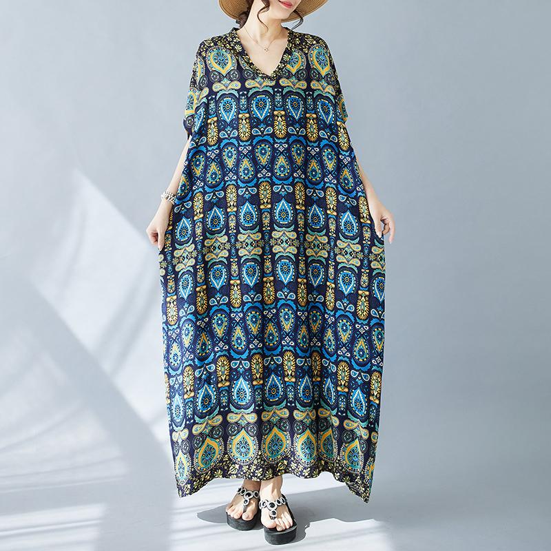 Dimanaf 2024 Plus Size Dress Women Summer V-Neck Sundress Bohemian Floral Print Loose Big Oversize Maxi Dress 5484