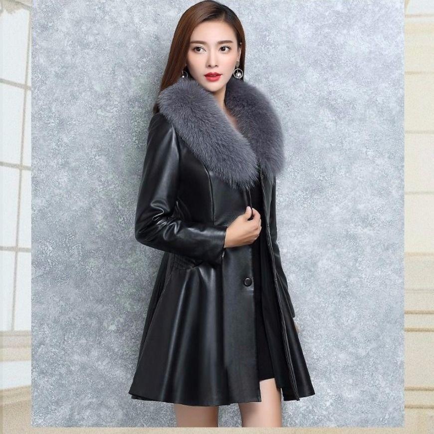 Autumn And Winter Women Medium Long Leather Windbreaker Coat Black Red Faux Leather Clothes