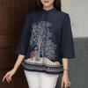 ZANZEA Women Casual Stand Collar Loose 3/4 Sleeve Print Blouse