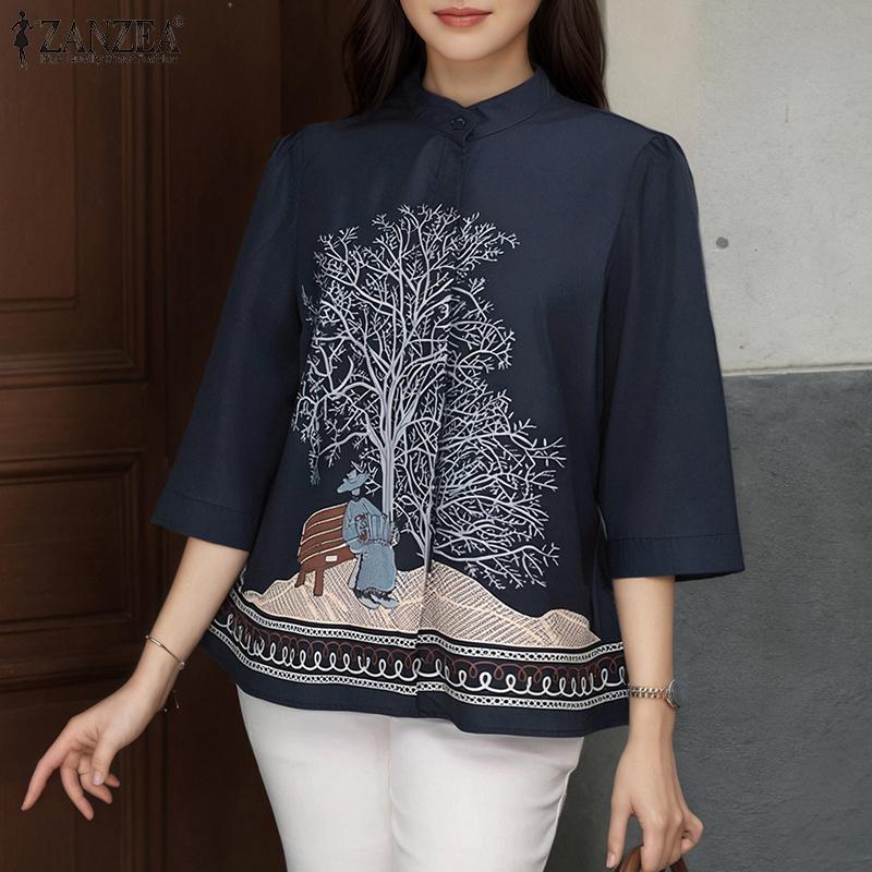 ZANZEA Women Casual Stand Collar Loose 3/4 Sleeve Print Blouse
