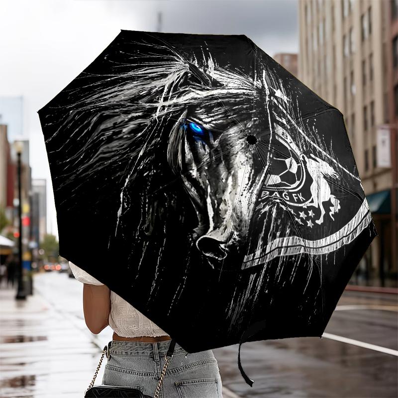 Qarabag Golden Crested Football Emblem Automatic Folding Umbrella - 8-Rib Travel Umbrella with Auto Portable Case, Ideal Gift for Birthdays