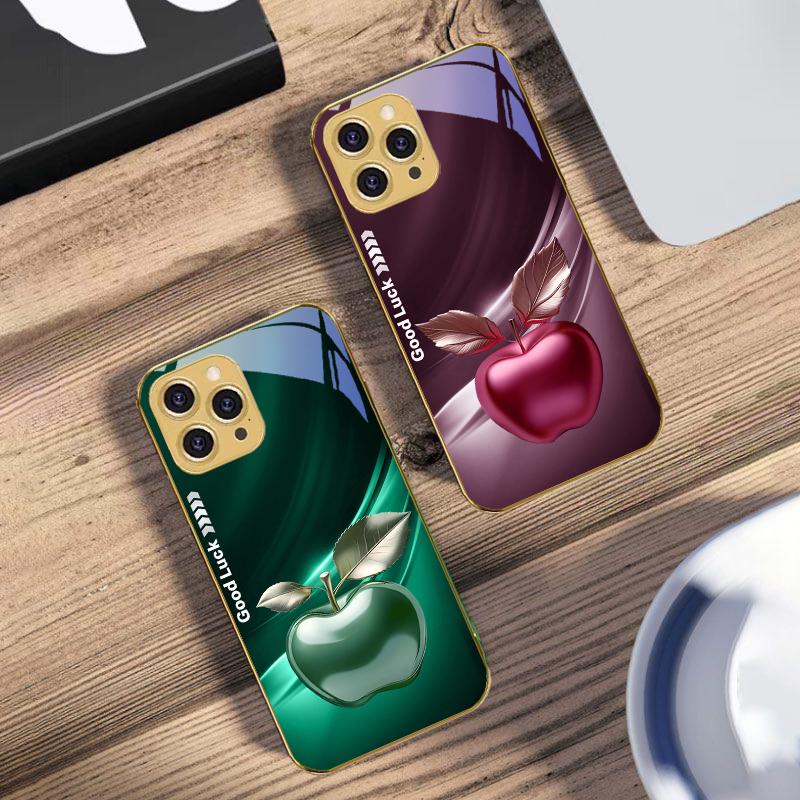 Простое Черное Счастливое Яблоко Для IPhone 16 Pro Max 15 Pro 14 13 Plus 12 Mini 11 Pro Max XS Max XR Золотой закаленный стеклянный чехол для телефона