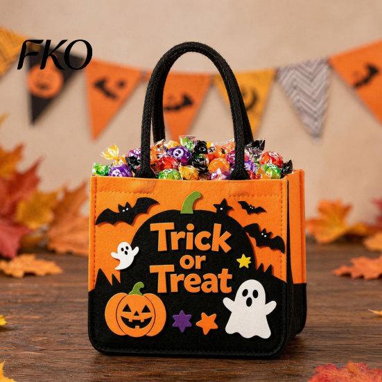 Halloween Photo Prop Bag Trick or Treat Bag, Felt Goodie with Pumpkin Ghost Patches, Or Candy Holder Large Tote for Kids, Party Favor,