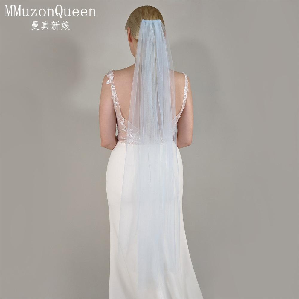 Plain Solid Color Tulle Bridal Veil Single Layer Soft Flowy Simple Wedding Veil White Lavender Light Blue Floor Length Veil For Bride Elopement Shoot