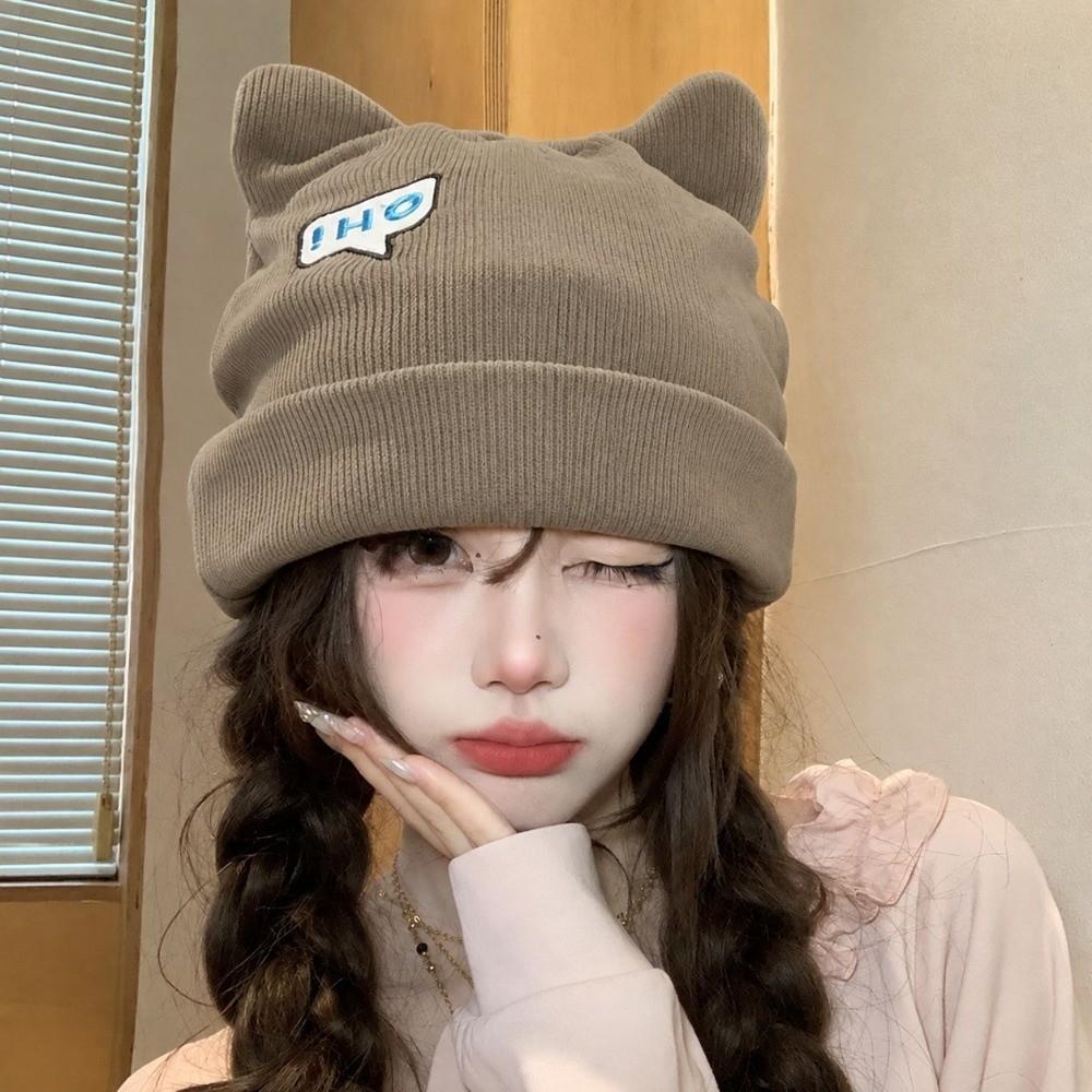 Polyester Cat Ear Beanie Hat Large Head Circumference Fall Winter Skull Cap Casual Use