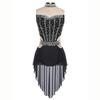 Women Lyrical Dance Dress Mock Neck Sleeveless Backless Shiny Rhinestones Color Block Mesh Skirted Leotard