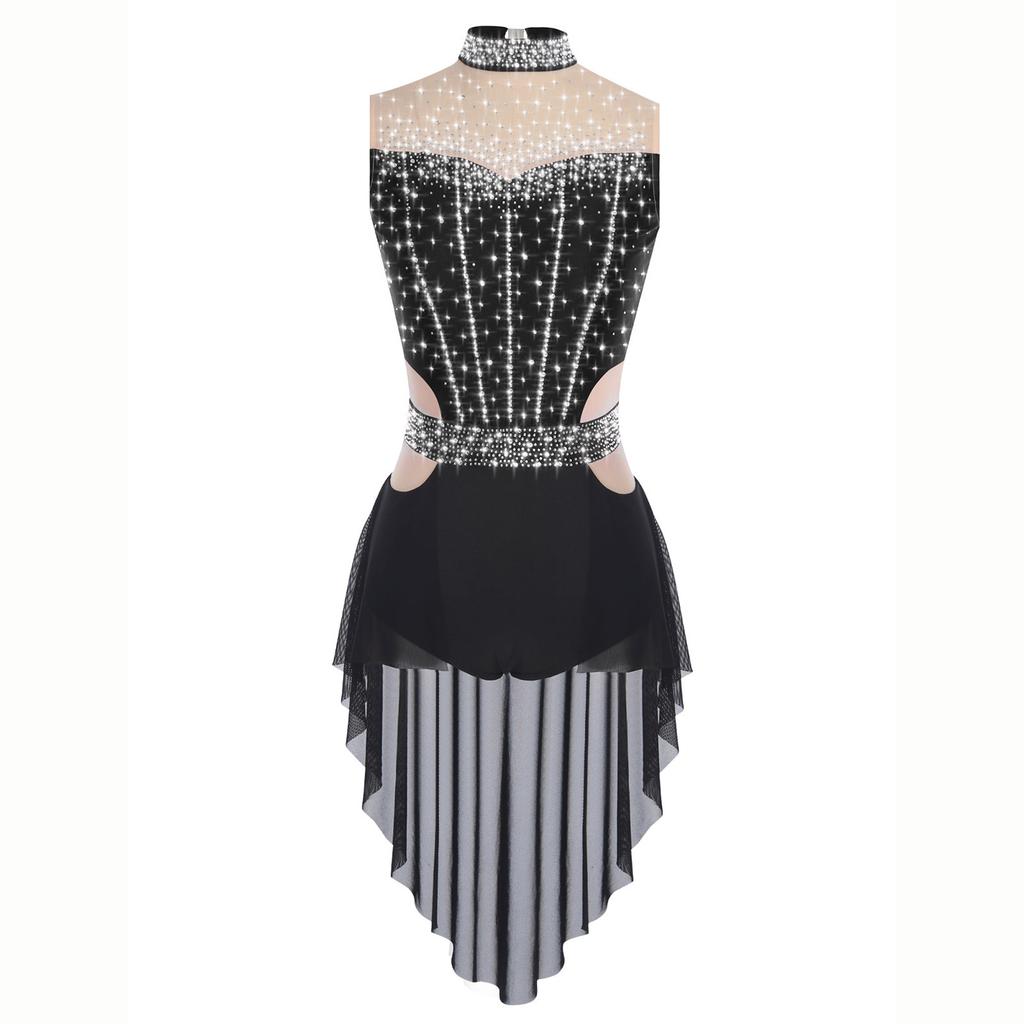 Women Lyrical Dance Dress Mock Neck Sleeveless Backless Shiny Rhinestones Color Block Mesh Skirted Leotard