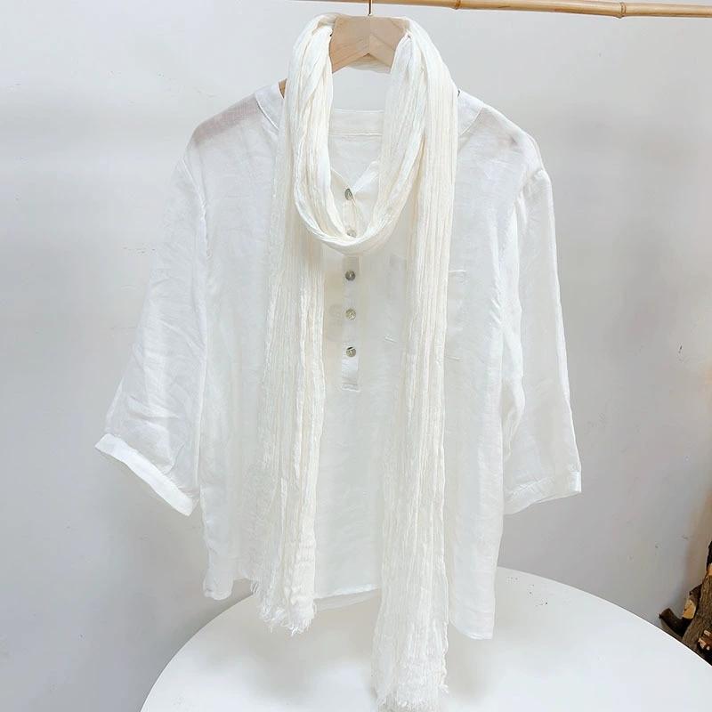Solid Color Cotton Crinkled Scarf for Women Retro Neck Warmer Decorative Narrow Long Striped Scarf Wrap Shawl for Autumn 220cm