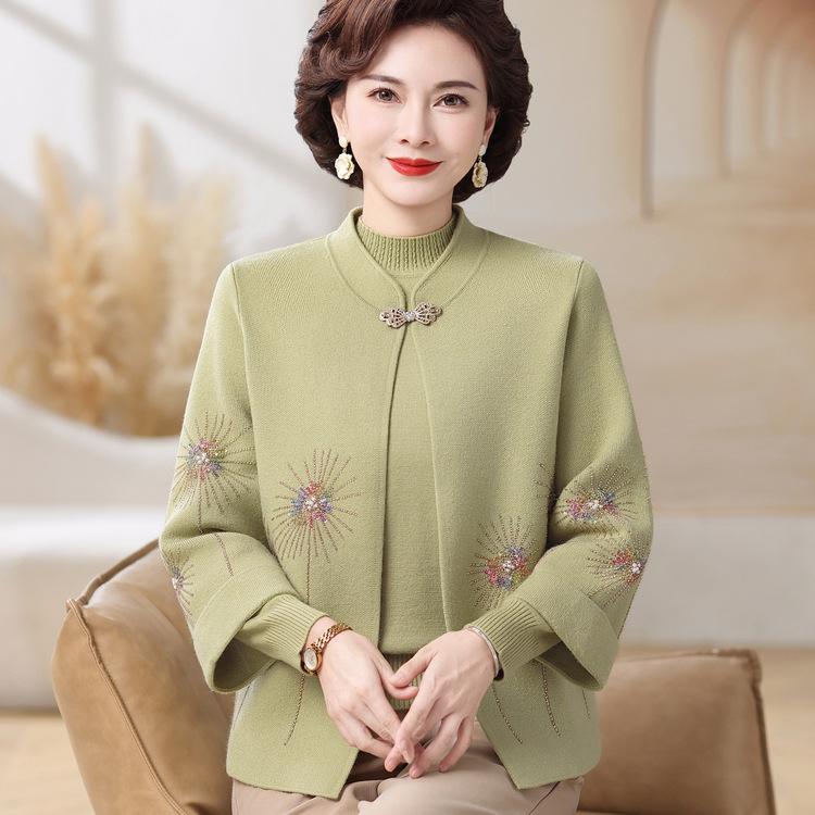 Кардиган для женщин среднего и пожилого возраста, свитер, куртка, одежда для матери на весну и осень, красный вязаный костюм-двойка, базовая рубашка на осень и зиму