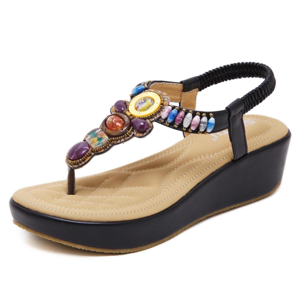 Women Ethnic Style Beaded Sandals Bohemian Retro Slope Heel Sandals Large Size Comfortable Beach Sandals Slide Sandals Summer Holiday Shoes