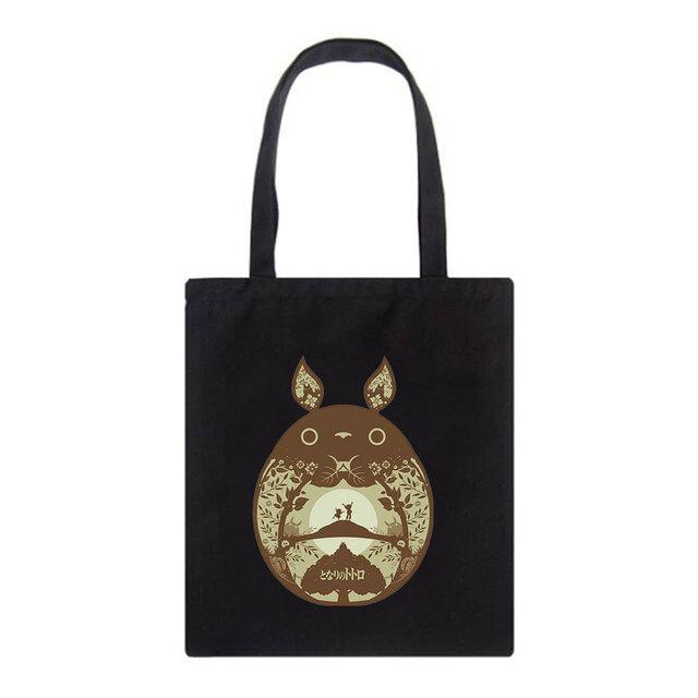 Многоразовая сумка для покупок с милым принтом «Толстый Тоторо», женские сумки-тоут с принтом, эко-сумка, мультяшная покупательница, винтажные черные холщовые сумки на плечо