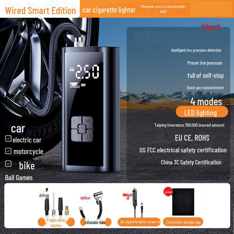 Портативный цифровой автомобильный воздушный насос 12 В с интеллектуальным дисплеем для ремонта шин и измерения давления.