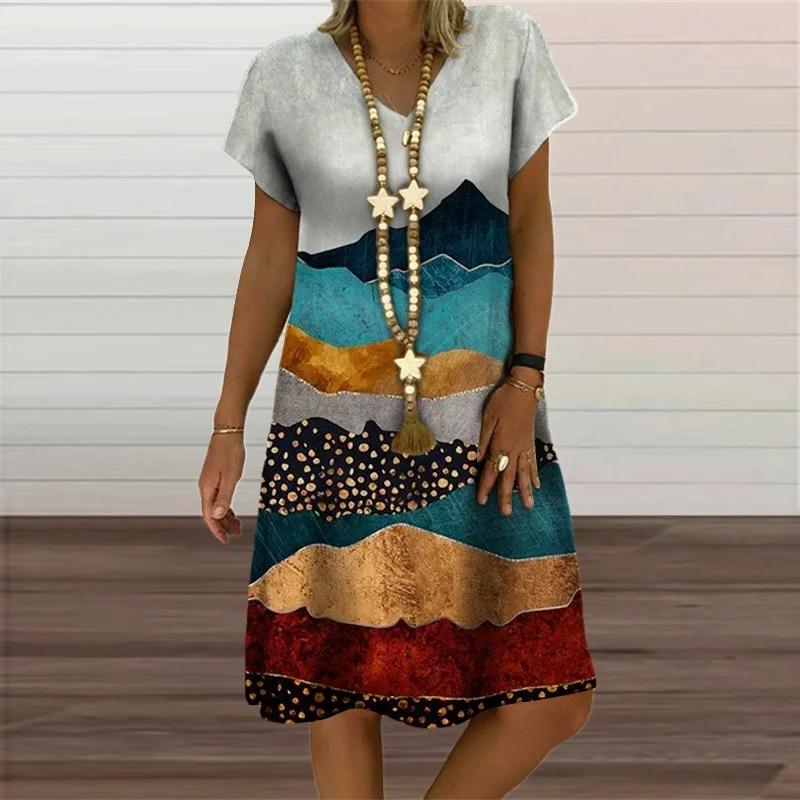 Plaid Geometric Graphic 3D Print Dresses For Women Clothes Summer Vintage Casual Loose Short Sleeve Dress V-Neck Sundress Ladies