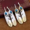 S925 Sterling Silver Jewelry Retro Thai Silver Men's and Women's Blue Turquoise Feather Pendant Sweater Pendant