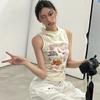 2025 Summer Women Thin Cotton Hooded Sling Tops Female Casual Slim Tank Tops Streetwear Camisole Cute Cartoon Printing Crop Tops