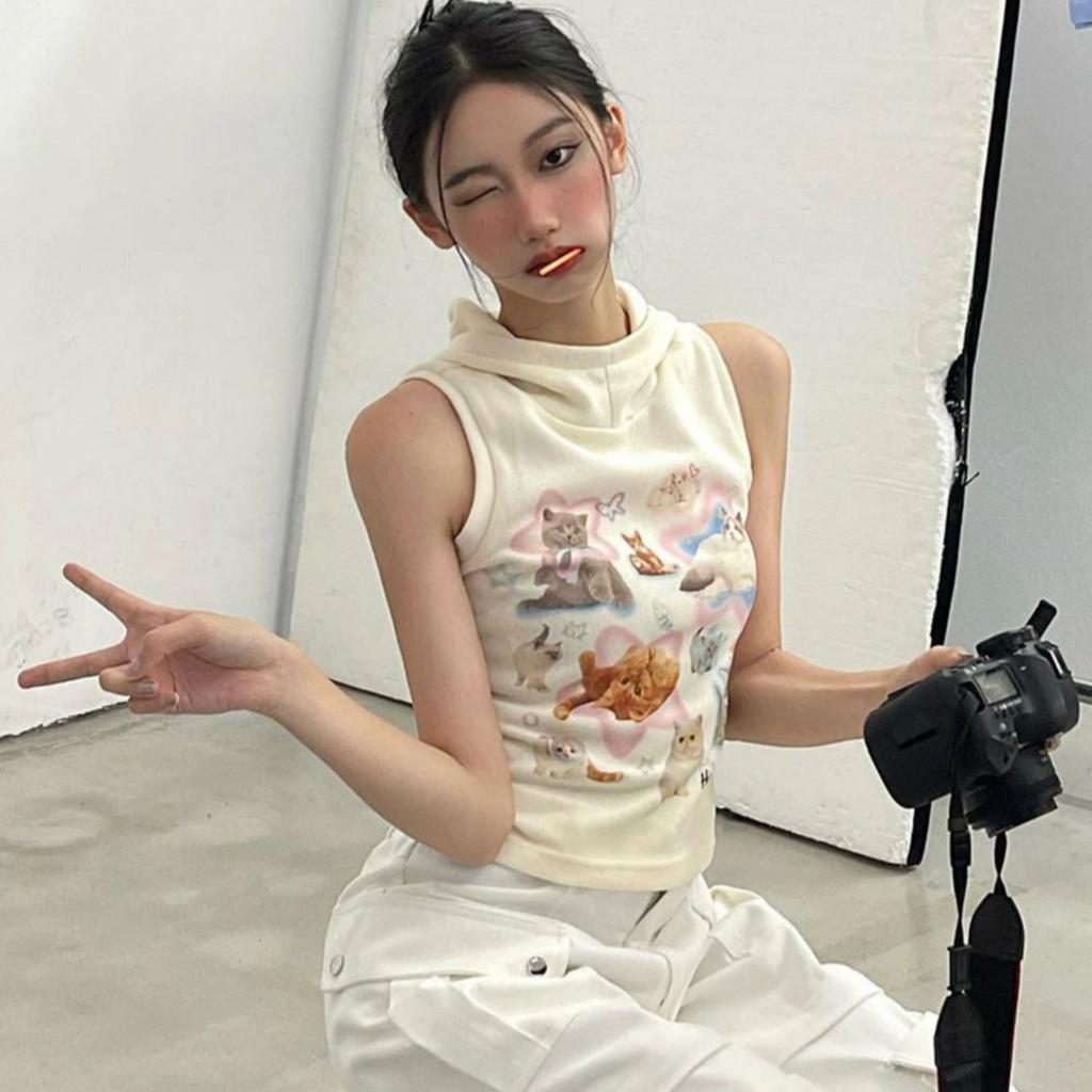 2025 Summer Women Thin Cotton Hooded Sling Tops Female Casual Slim Tank Tops Streetwear Camisole Cute Cartoon Printing Crop Tops