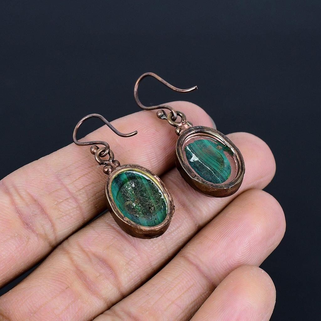Серьги из малахита, Медные электроформованные украшения, Подарок для женщин, Серьги ручной работы, Украшения из драгоценных камней