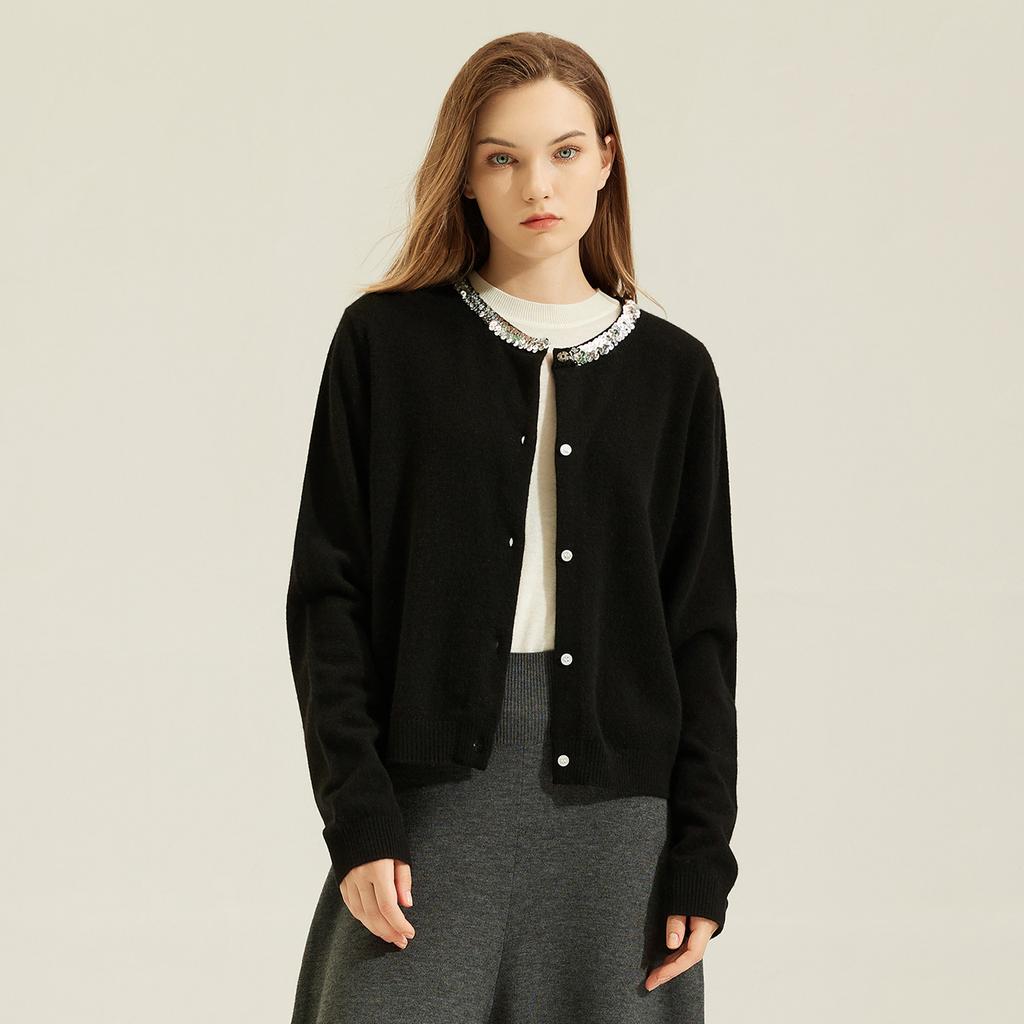 Autumn and winter cashmere crew neck knitted cardigan sweater jacket sweater sequined temperament wool small fragrant sweater women