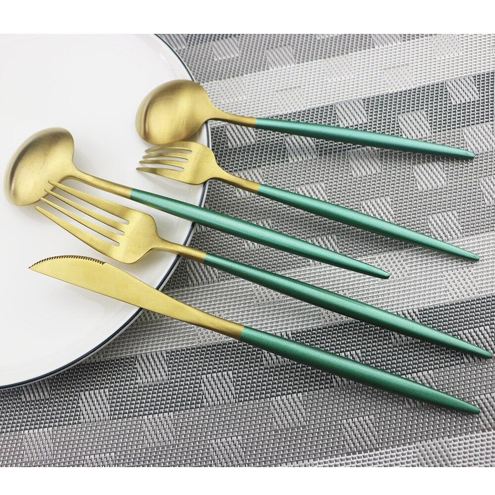 1pcs Green Metal Dinnerware Reusable Gold Flatware 304 Stainless Steel Cutlery Knife Fork Spoon Dessert Tea Kitchen Tableware