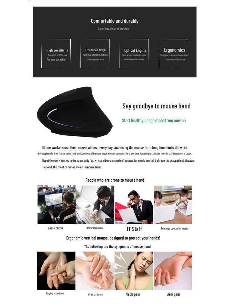 Вертикальная беспроводная мышь 5-го поколения, розовая, для левой руки