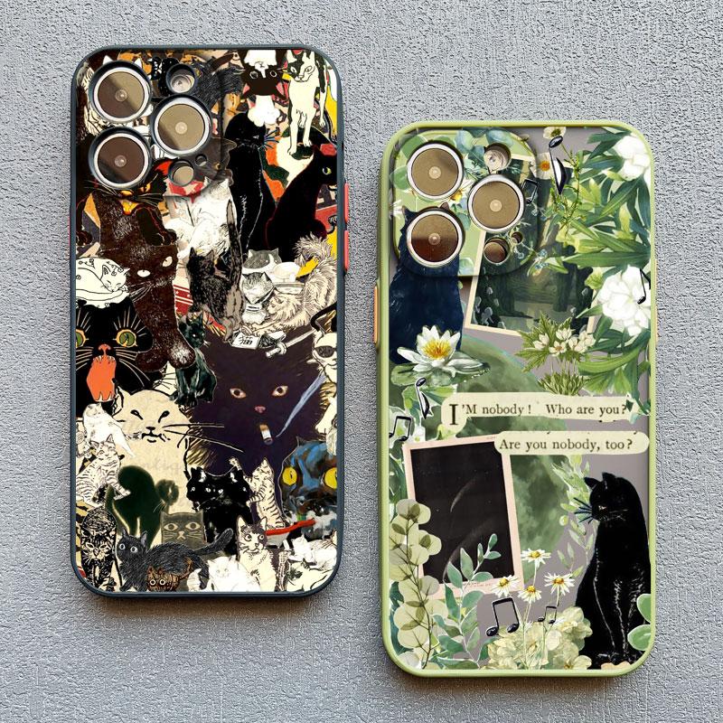 Ретро Черный Кот Белый Котенок Иллюстрация Чехол Для Телефона Для iPhone 17 16 15 14 13 11 12 Pro Max Mini 15 16 Plus Чехол Милый Мультяшный