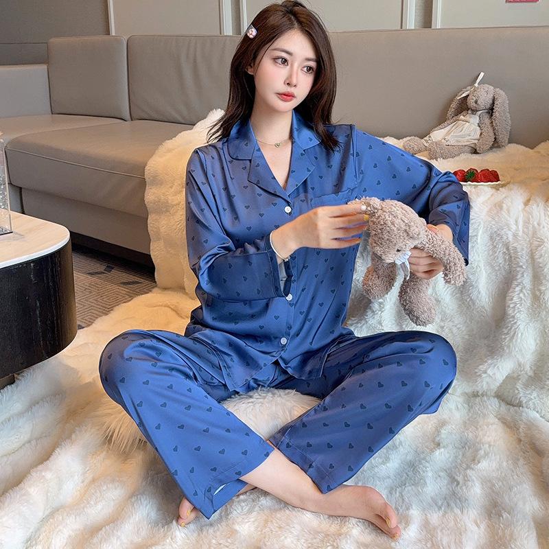 1011 new light luxury ice silk pajamas women's long-sleeved trousers simple love printed loungewear set can be worn outside
