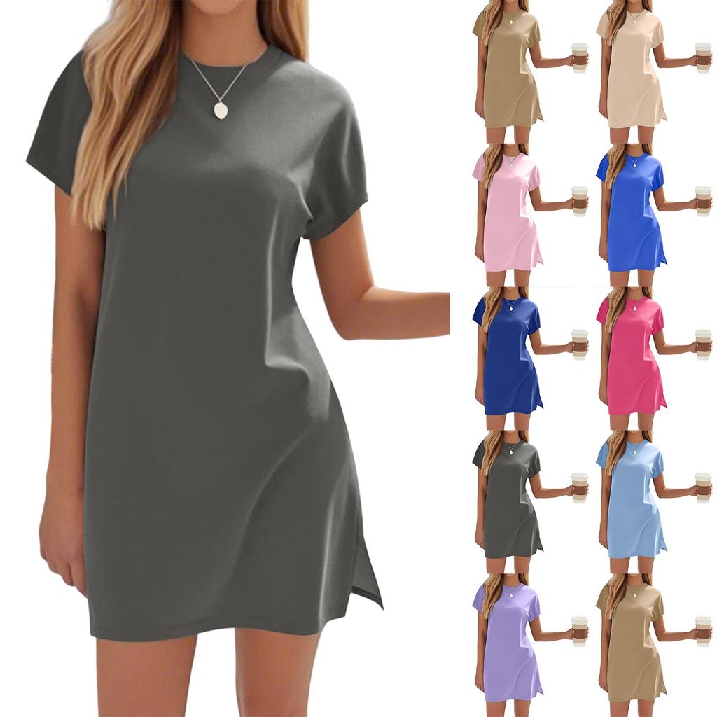Women's Coverups Short Sleeve T-Shirt Dress Casual Side Slit Loose Fit Knee Length Beach Dress