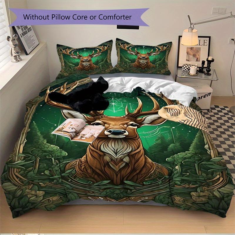 3pcs Deer Forest Soft Comfortable Bedding set, For Bedroom, Guest Room And Dorm, All - Season Use, High-Definition Printing196
