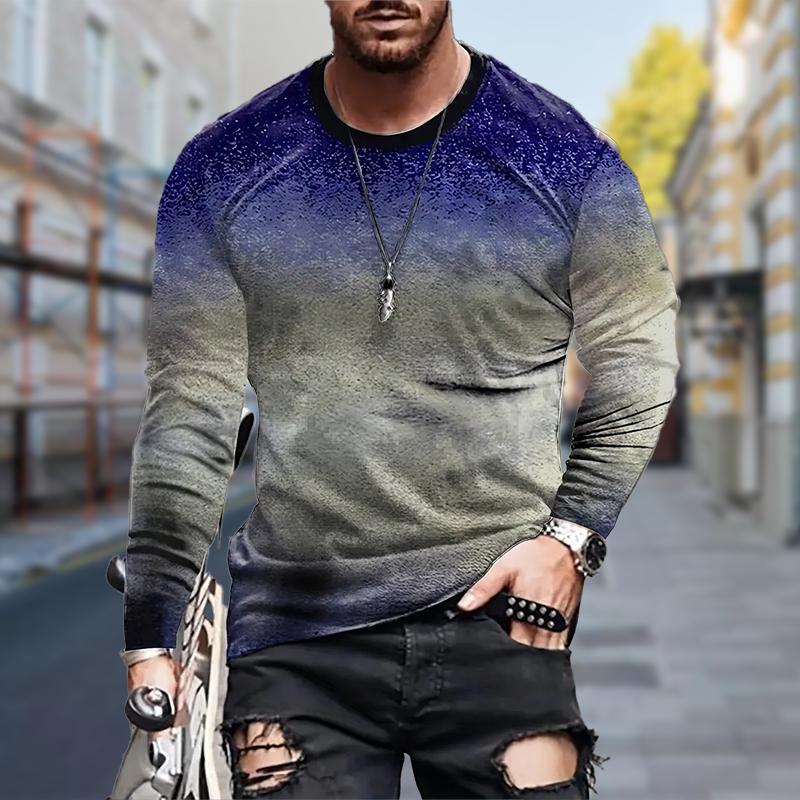New 3D Purple Gradient Print Mens Tshirts Long Sleeve Tees Round Neck Casual Pullover Mens Clothing Plus Size