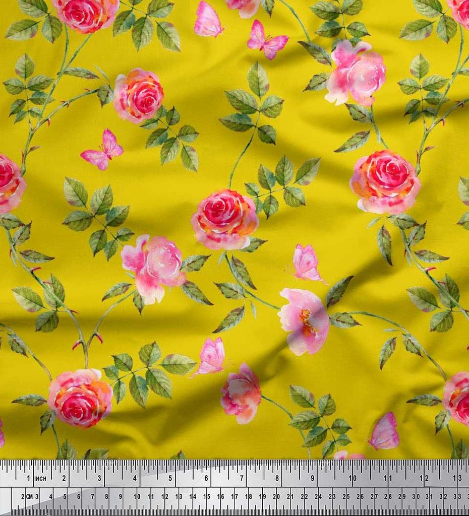 Soimoi Японская креп-сатиновая ткань с листьями, розами и пионами, ткань с цветочным принтом по метрам, 42 дюйма