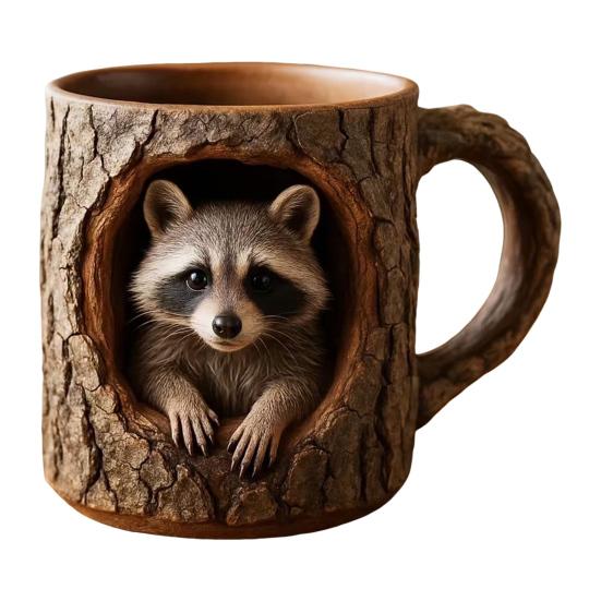 Забавная кружка с енотом, кружка с текстурой коры, кружка из смолы с животным, кофейная чашка ручной работы, барная пивная кружка, подарок для любителей природы