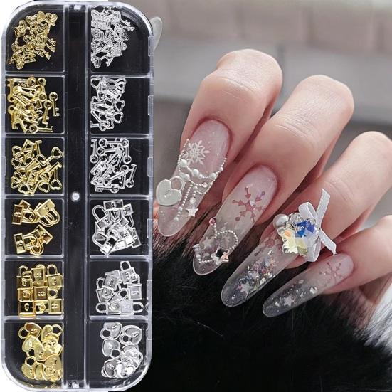 1 Box Nail Art Charm 12 Grids Assorted Hollow Metal Love Heart Lock Key Women Girls DIY Nail Decoration Accessories Birthday Gift