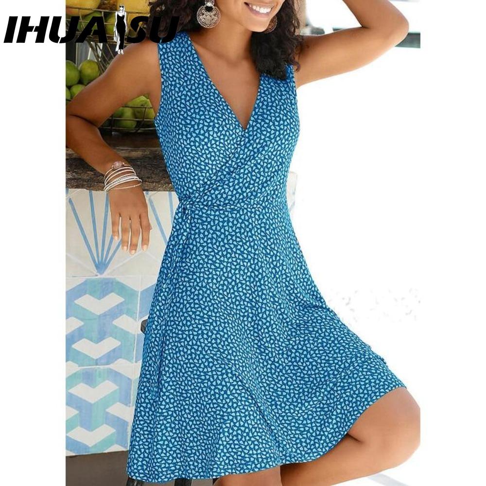 IHUASU Платье в горошек с принтом женское без рукавов бандажное пляжное платье летние богемные платья для женщин повседневные платья с V-образным вырезом женский халат