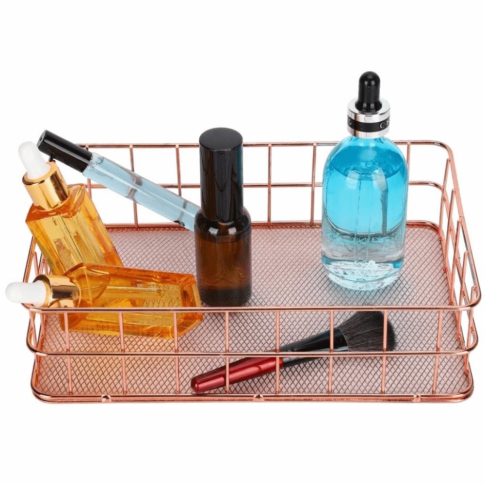 Rose Gold Desktop Organization Basket Iron Grid Wire Storage Organizer Home Office