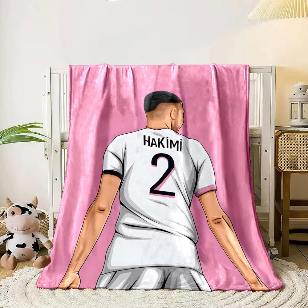 White jersey with "Hakimi" and number 2, set against a pink background. for all seasons blanket lunch break throw gift