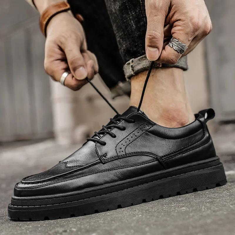 Fashion Men Dress Shoes Lace Up Falt Casual Shoes Man Leather Soft Bottom Male Borgue Shoe Nonslip Outdoor Men Shoes Chaussure Homme