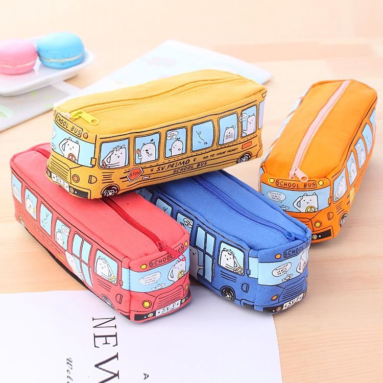 Cartoon Bus Pencil Bag Canvas Large Capacity Car Zipper Pen Pencilcase for Student Stationery School Supplies