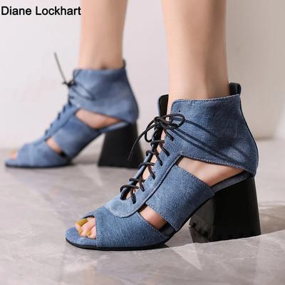 Мода Мода Ботильоны с открытым носком для женщин Сандалии Обувь Сексуальный Деним Высокие каблуки Платформа 2025 Лето Женские Леопардовые На шнуровке Mujer 41 4