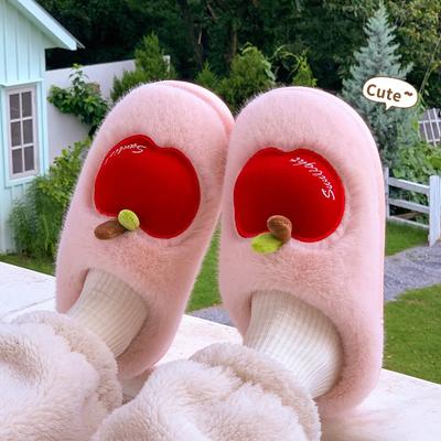 Яблочные хлопковые тапочки женские домашние осенне-зимние милые новые плюшевые теплые на толстой подошве пушистые тапочки зимние женские