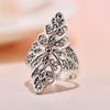 Huajie S925 Sterling Silver Vintage Rhombus Lace Wide Band Petal Women's Ring