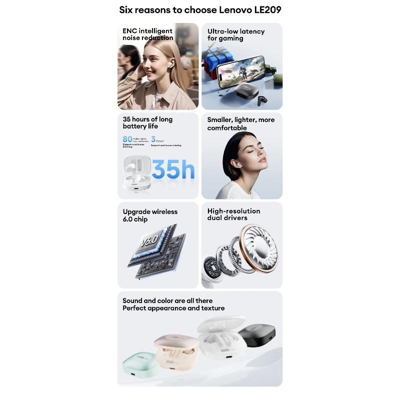 Беспроводной Bluetooth-наушник Lenovo LE209, шумоподавление ANC, Hi-Fi музыка, Bluetooth-наушник, 30 часов работы от аккумулятора, игровая гарнитура