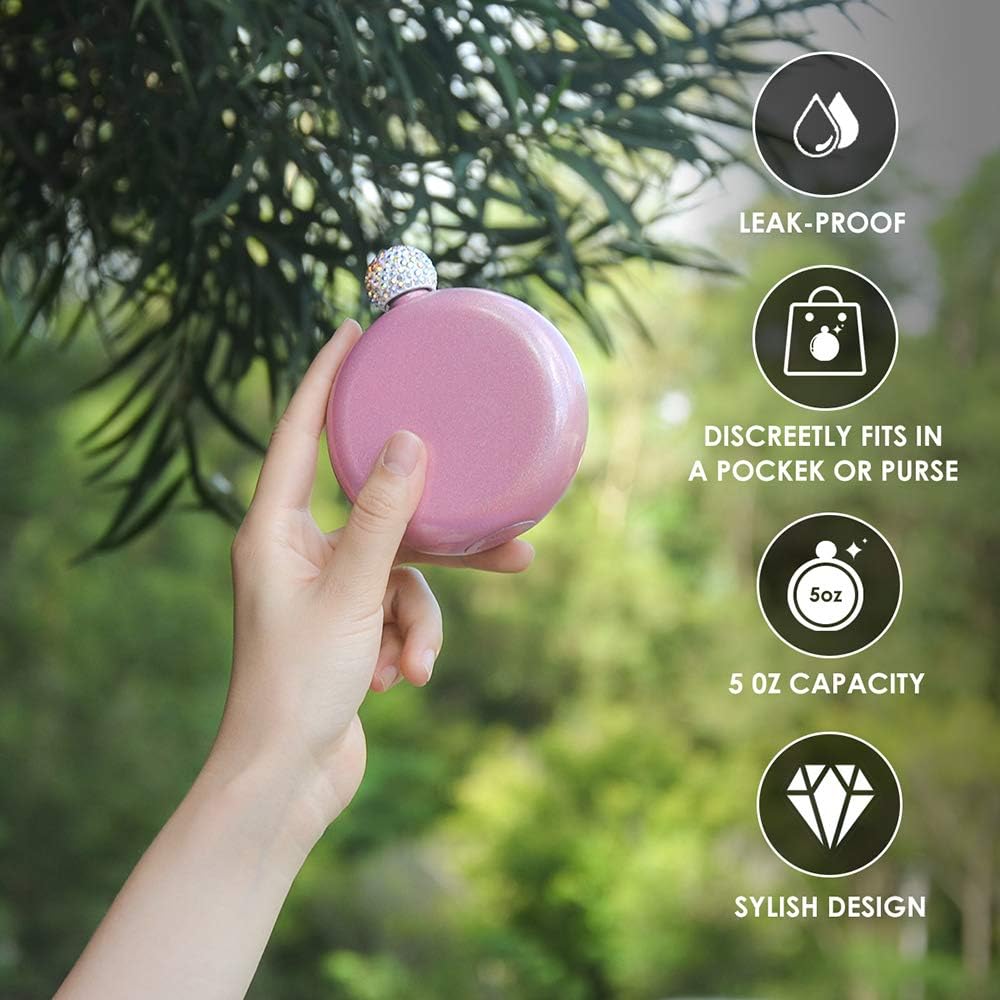 Cute Liquor Flask for Women, Junya 304 Stainless Steel,Pretty Glitter Coating Whiskey Flasks,Shining Rhinestone Cap,Portable Wine Flask for Drink Bar