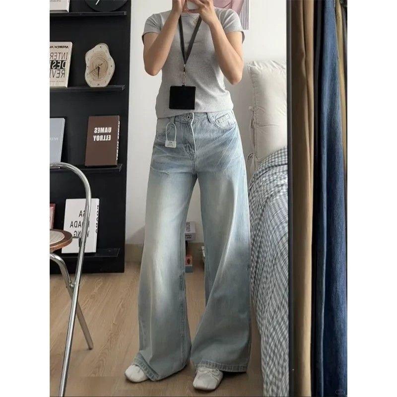 JYL TS Light Blue High Waist Straight Denim Jeans,Wash Loose Trousers For Casual Ladies